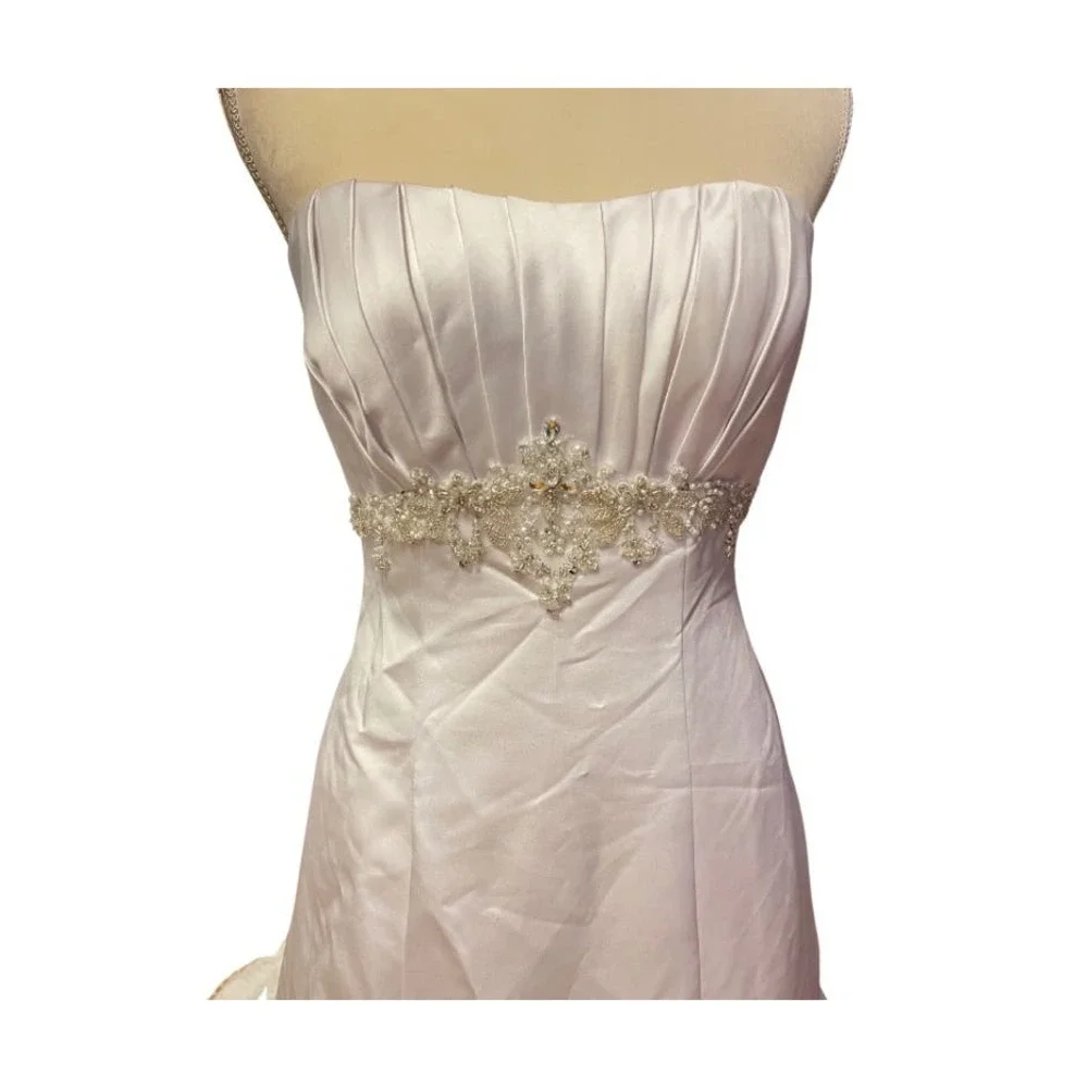 Satin Empire Waist A-Line Wedding Gown with Beaded Crystal Detail - Picture 2 of 11
